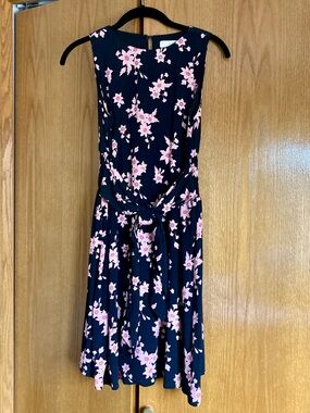 LOFT Black Sleeveless Dress with Pink Floral Print and Waist Tie - size XS